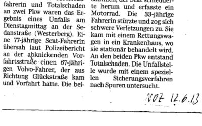 Leserbrief zum Unfall an der Gluckstraße, NOZ 12.6.2013