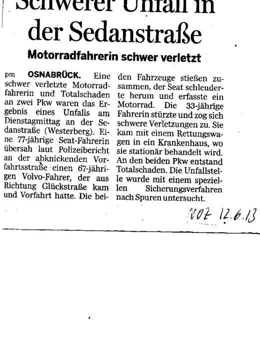 Leserbrief zum Unfall an der Gluckstraße, NOZ 12.6.2013